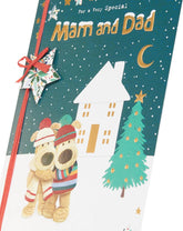 Mam and Dad Christmas Greeting Card – Cute Boofles Outside the House Festive Design